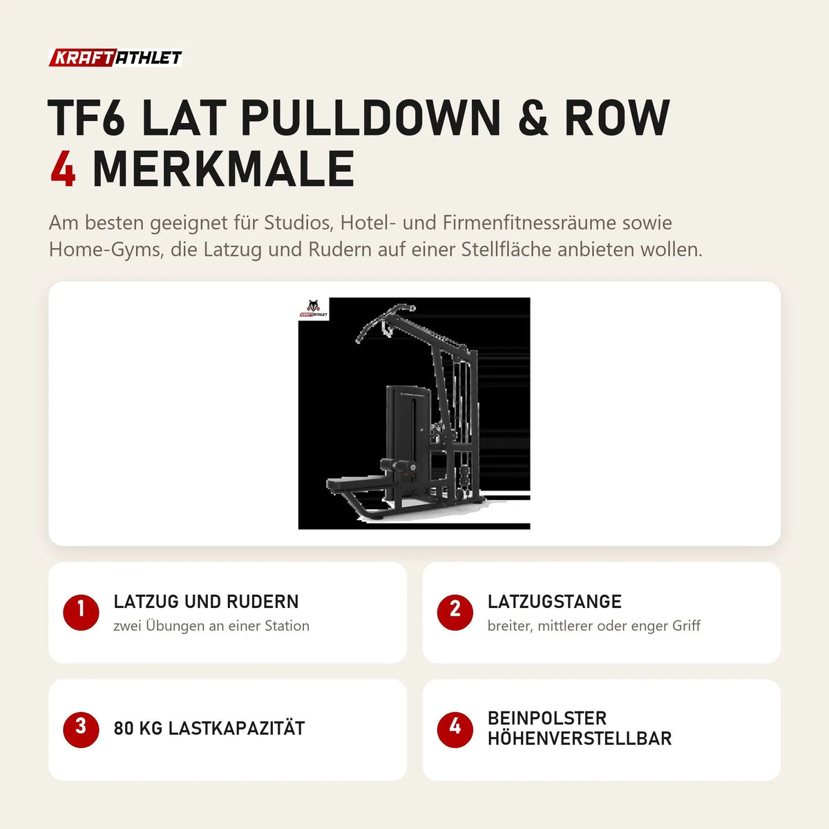 Titanium Strength TF6 Lat Pulldown & Row mit 4 Merkmalen: Latzug und Rudern, Latzugstange, 80 kg Lastkapazität, Beinpolster höhenverstellbar