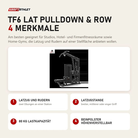 Titanium Strength TF6 Lat Pulldown & Row mit 4 Merkmalen: Latzug und Rudern, Latzugstange, 80 kg Lastkapazität, Beinpolster höhenverstellbar