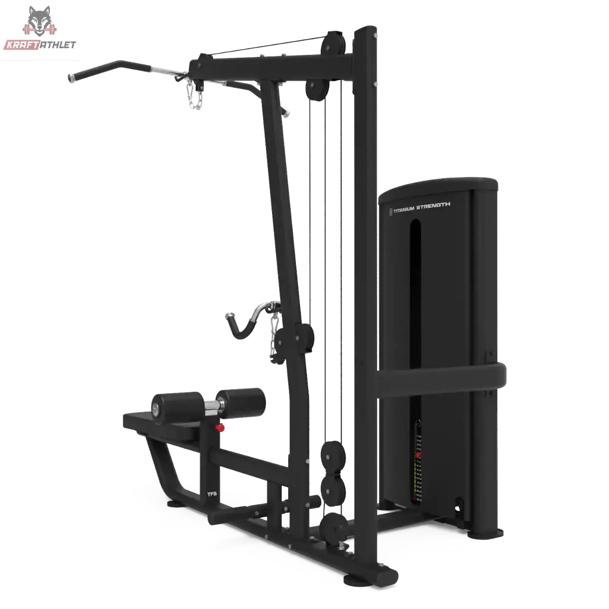 Titanium Strength TF6 Lat Pulldown & Row in Schrägansicht von hinten mit Gewichtsturm und Seilzug, schwarz