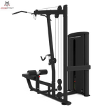 Titanium Strength TF6 Lat Pulldown & Row in Schrägansicht von hinten mit Gewichtsturm und Seilzug, schwarz