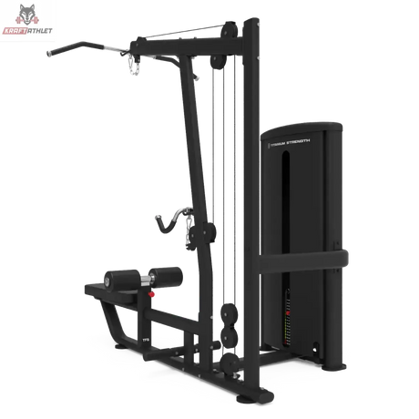 Titanium Strength TF6 Lat Pulldown & Row in Schrägansicht von hinten mit Gewichtsturm und Seilzug, schwarz