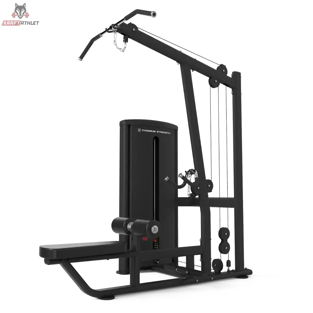 Titanium Strength TF6 Lat Pulldown & Row in Schrägansicht mit Latzugstange, Sitz und Beinpolster, schwarz