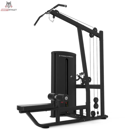 Titanium Strength TF6 Lat Pulldown & Row in Schrägansicht mit Latzugstange, Sitz und Beinpolster, schwarz