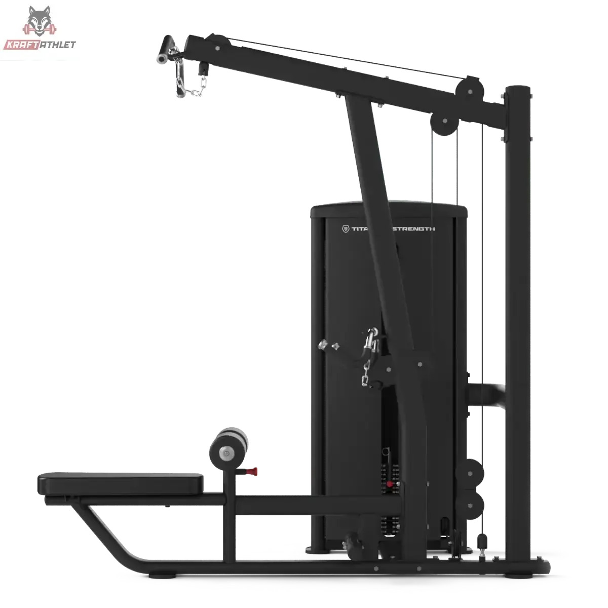 Titanium Strength TF6 Lat Pulldown & Row in Seitenansicht mit Ruderbank und Fußplatte, schwarz