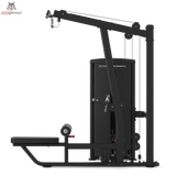 Titanium Strength TF6 Lat Pulldown & Row in Seitenansicht mit Ruderbank und Fußplatte, schwarz