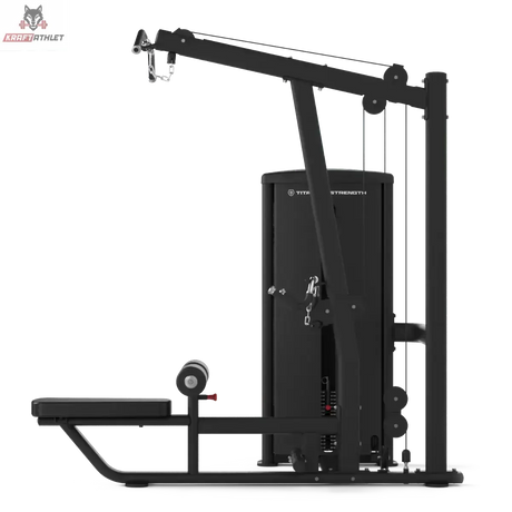 Titanium Strength TF6 Lat Pulldown & Row in Seitenansicht mit Ruderbank und Fußplatte, schwarz