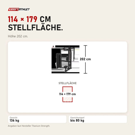 Maßbild Titanium Strength TF7 Pec Fly und Rear Delt: Stellfläche 114 × 179 cm, Höhe 202 cm