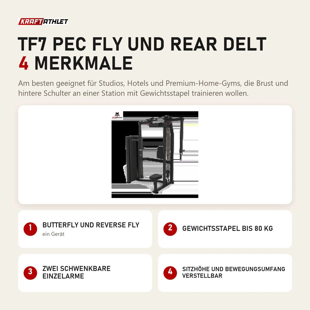Titanium Strength TF7 Pec Fly und Rear Delt mit 4 Merkmalen: Butterfly und Reverse Fly, Gewichtsstapel bis 80 kg, Zwei schwenkbare Einzelarme, Sitzhöhe und Bewegungsumfang verstellbar