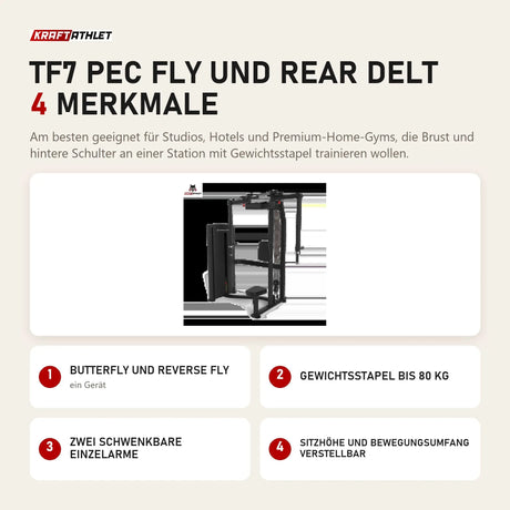 Titanium Strength TF7 Pec Fly und Rear Delt mit 4 Merkmalen: Butterfly und Reverse Fly, Gewichtsstapel bis 80 kg, Zwei schwenkbare Einzelarme, Sitzhöhe und Bewegungsumfang verstellbar