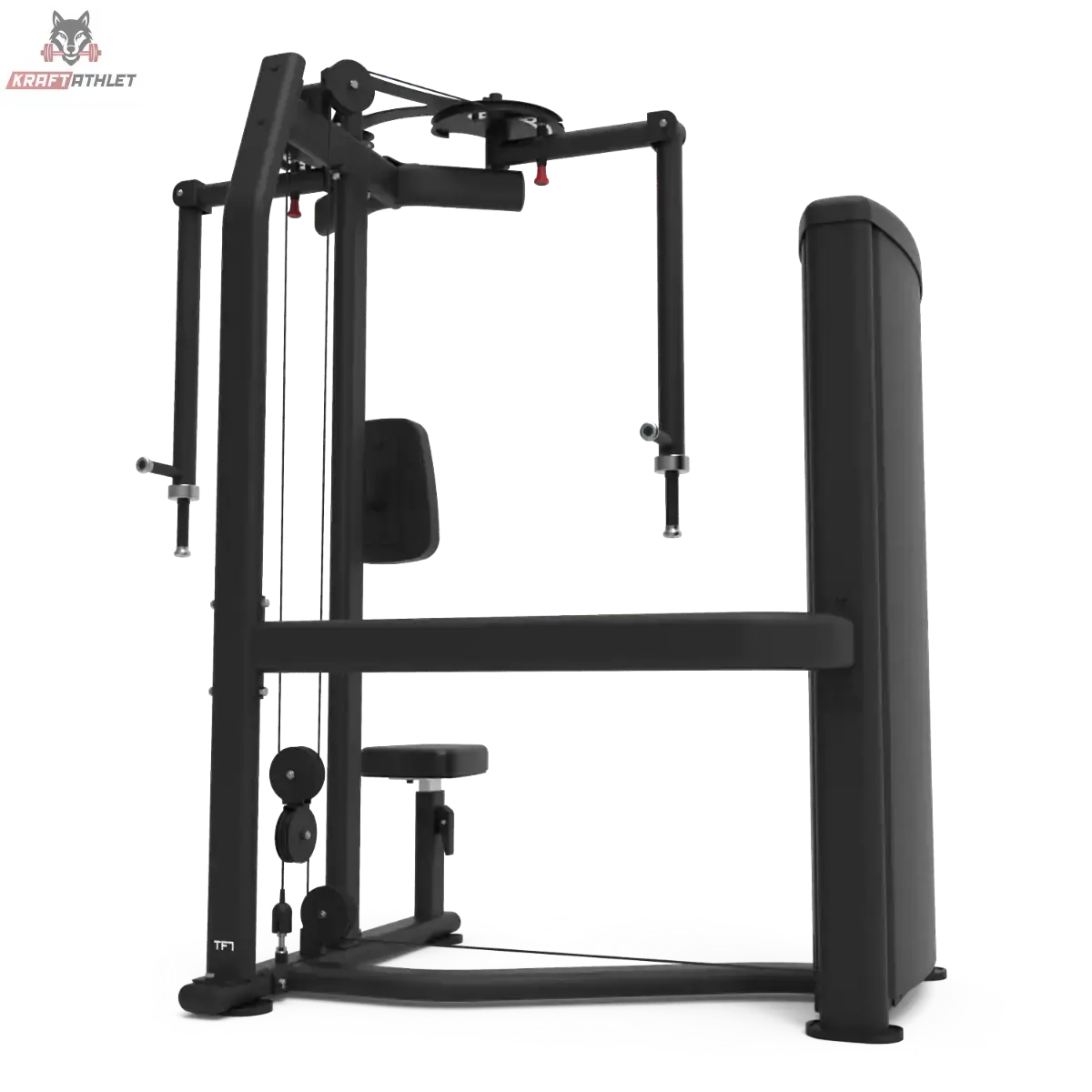 Titanium Strength TF7 Pec Fly und Rear Delt von hinten mit Gewichtsturmverkleidung und Sitz, schwarz