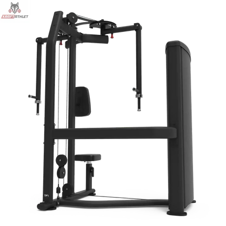 Titanium Strength TF7 Pec Fly und Rear Delt von hinten mit Gewichtsturmverkleidung und Sitz, schwarz