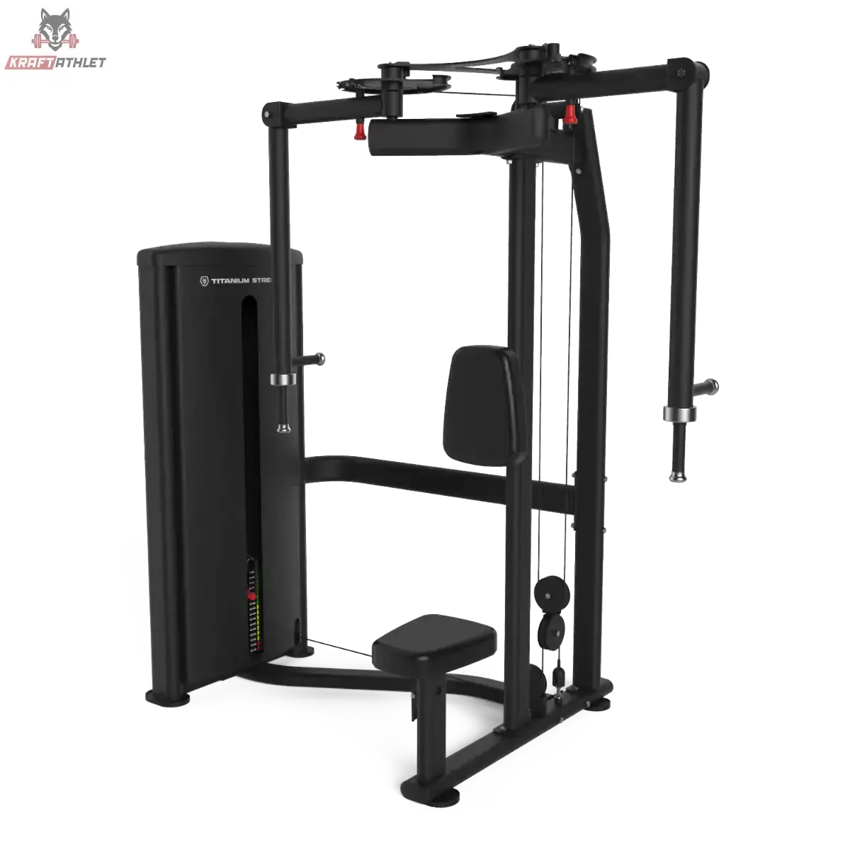 Titanium Strength TF7 Pec Fly und Rear Delt in Schrägansicht von links mit Gewichtsturm, Sitz und Schwenkarmen, schwarz