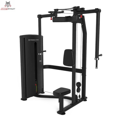 Titanium Strength TF7 Pec Fly und Rear Delt in Schrägansicht von links mit Gewichtsturm, Sitz und Schwenkarmen, schwarz