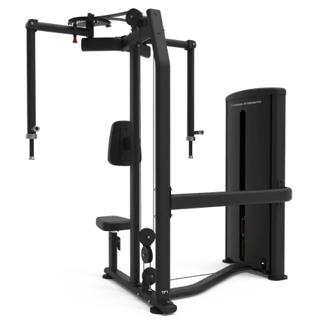 Titanium Strength TF7 Pec Fly und Rear Delt in Seitenansicht mit Kabelführung und Fußstütze, schwarz
