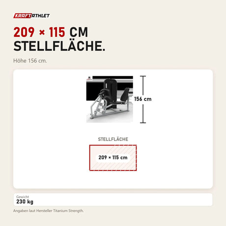 Maßbild Titanium Strength TF8 Leg Press: Stellfläche 209 × 115 cm, Höhe 156 cm