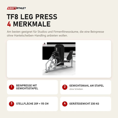 Titanium Strength TF8 Leg Press mit 4 Merkmalen: Beinpresse mit Gewichtsstapel, Gewichtswahl am Stapel, Stellfläche 209 × 115 cm, Gerätegewicht 230 kg
