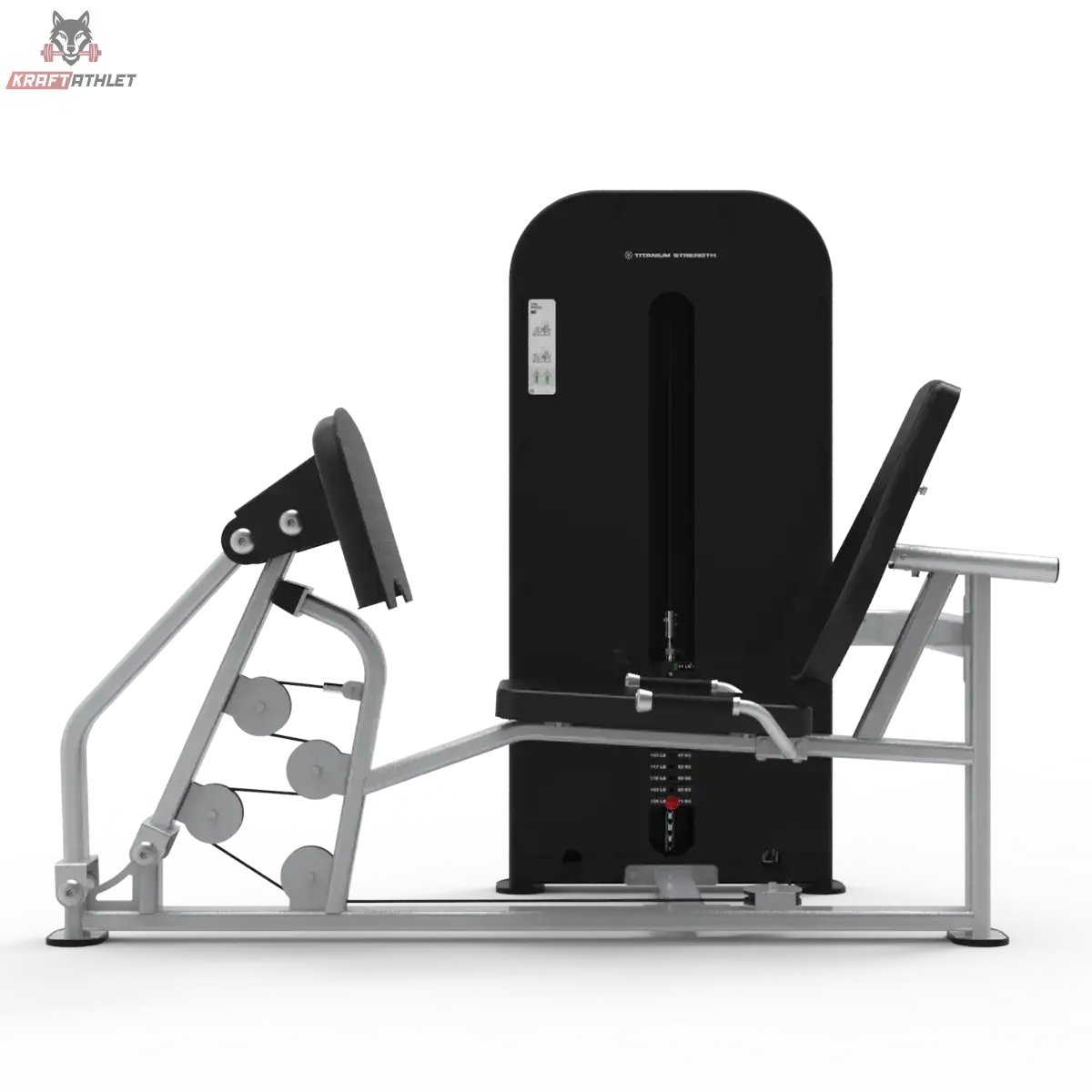 Titanium Strength TF8 Leg Press – Schrägansicht von hinten links mit Gewichtsturm und Sitz