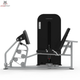Titanium Strength TF8 Leg Press – Schrägansicht von hinten links mit Gewichtsturm und Sitz