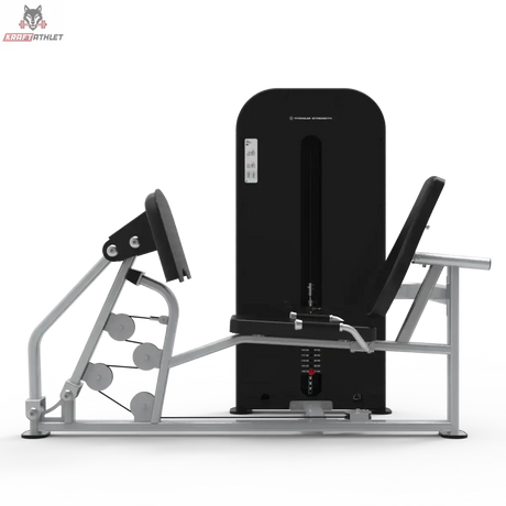 Titanium Strength TF8 Leg Press – Schrägansicht von hinten links mit Gewichtsturm und Sitz