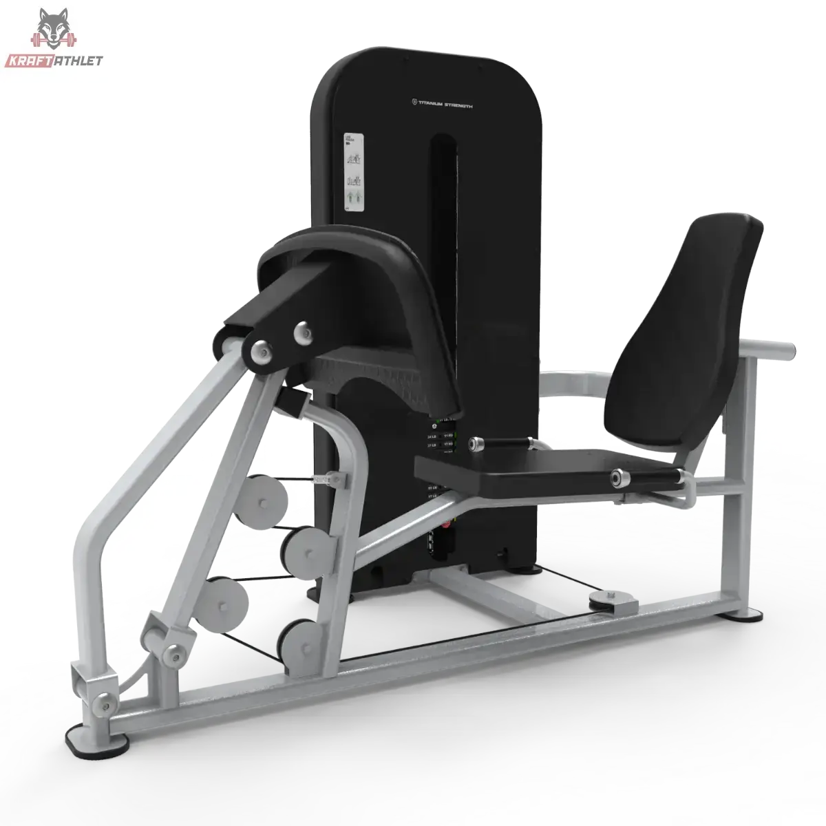 Titanium Strength TF8 Leg Press – Schrägansicht mit Sitz, Fußplatte und Gewichtsturm in Schwarz und Silber