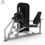 Titanium Strength TF8 Leg Press – Schrägansicht mit Sitz, Fußplatte und Gewichtsturm in Schwarz und Silber