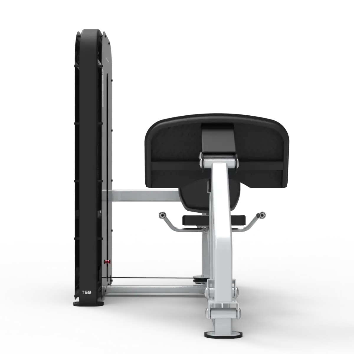 Titanium Strength TF8 Leg Press – Seitenansicht mit Sitzpolster, Fußplatte und silbernem Rahmen