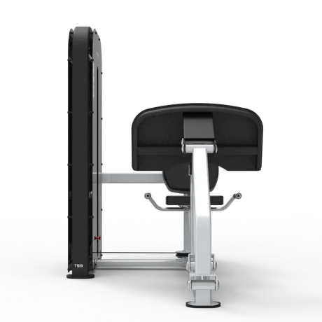Titanium Strength TF8 Leg Press – Seitenansicht mit Sitzpolster, Fußplatte und silbernem Rahmen