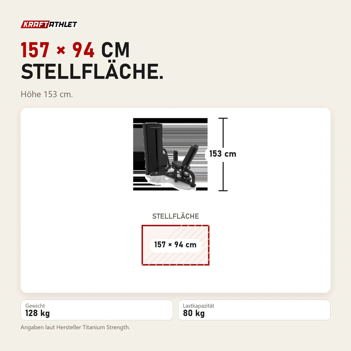 Maßbild Titanium Strength TF9 Abduktor-Adduktor: Stellfläche 157 × 94 cm, Höhe 153 cm