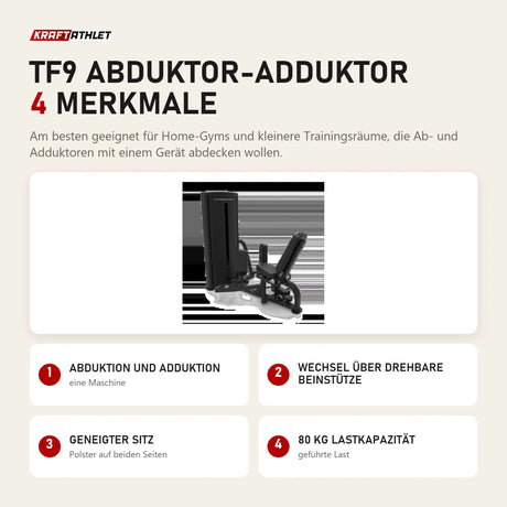 Titanium Strength TF9 Abduktor-Adduktor mit 4 Merkmalen: Abduktion und Adduktion, Wechsel über drehbare Beinstütze, Geneigter Sitz, 80 kg Lastkapazität