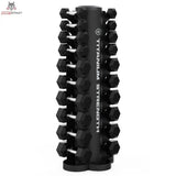 Titanium Strength TH10 Hex-Hantelset 1–10 kg mit Rack, vertikale Lagerung Draufsicht