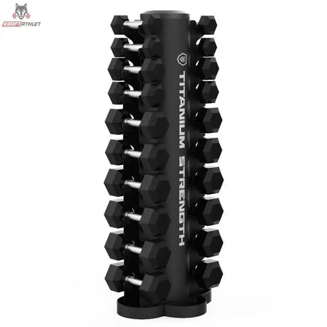 Titanium Strength TH10 Hex-Hantelset 1–10 kg mit Rack, vertikale Lagerung Draufsicht