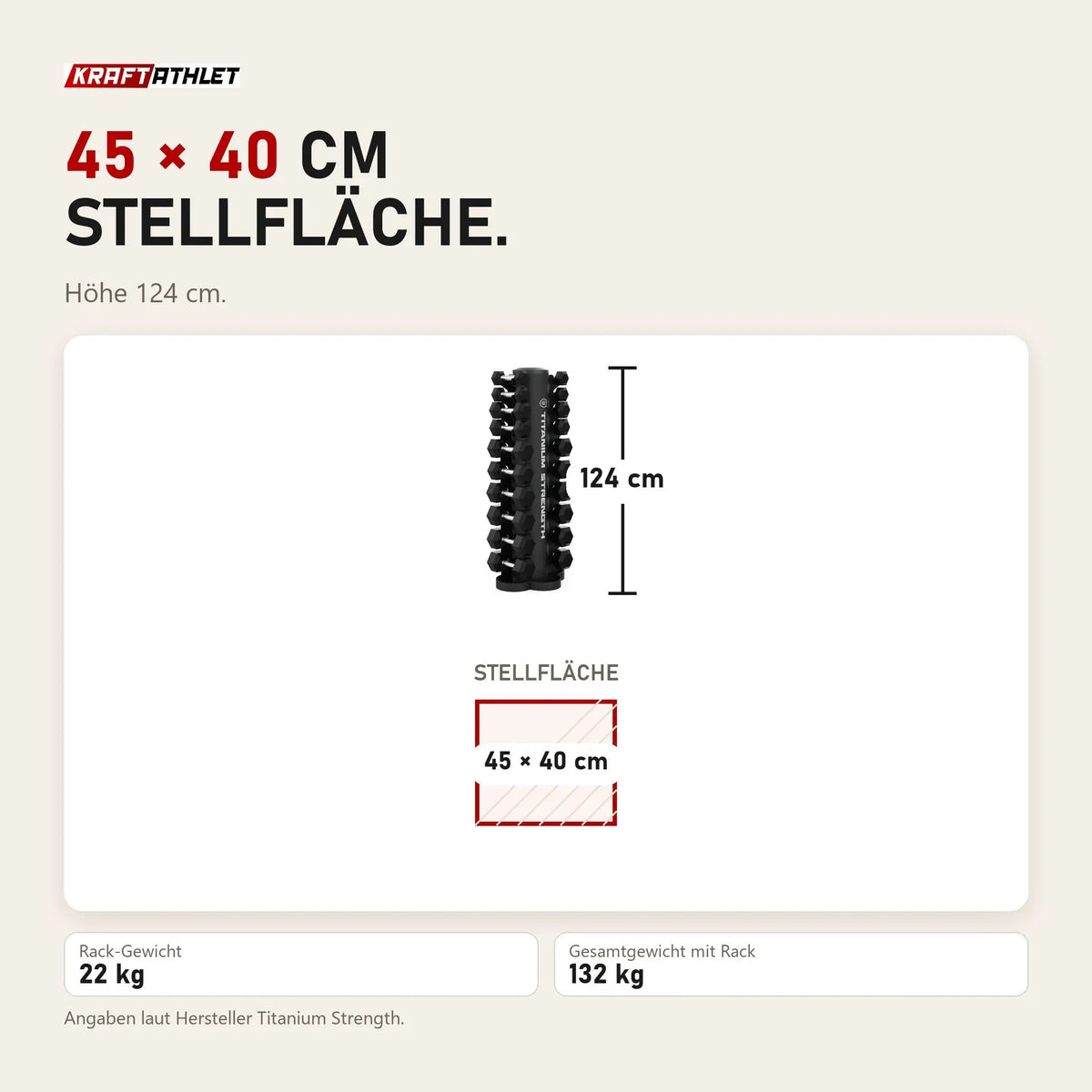 Maßbild Titanium Strength TH10 Hex-Hantelset 1–10 kg mit vertikalem Rack: Stellfläche 45 × 40 cm, Höhe 124 cm