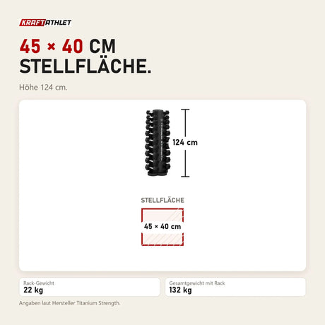 Maßbild Titanium Strength TH10 Hex-Hantelset 1–10 kg mit vertikalem Rack: Stellfläche 45 × 40 cm, Höhe 124 cm