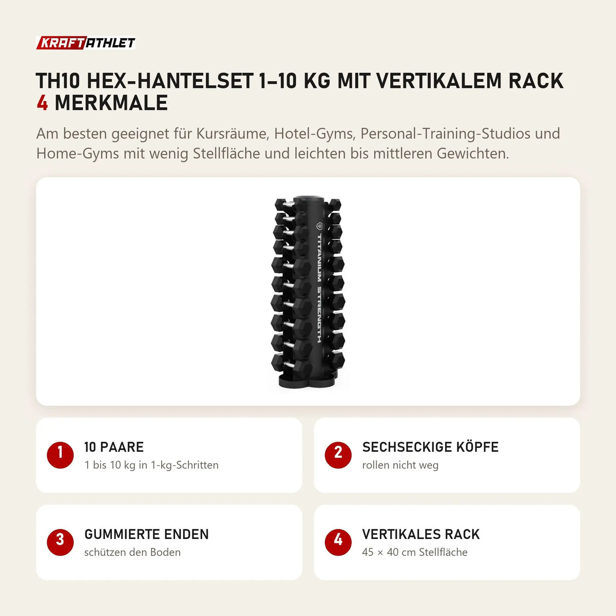 Titanium Strength TH10 Hex-Hantelset 1–10 kg mit vertikalem Rack mit 4 Merkmalen: 10 Paare, Sechseckige Köpfe, Gummierte Enden, Vertikales Rack