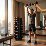 Titanium Strength TH10 Hex-Hantelset 1–10 kg mit vertikalem Rack im Einsatz: Person trainiert morgens in einem hellen Hotel-Fitnessraum