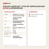 Technische Daten und Lieferumfang von Titanium Strength TH10 Hex-Hantelset 1–10 kg mit vertikalem Rack als Tabelle