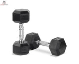 Titanium Strength TH20 Hex-Hantelset 2–20 kg mit Rack als Detail zweier gummierter Hex-Kurzhanteln mit Griff