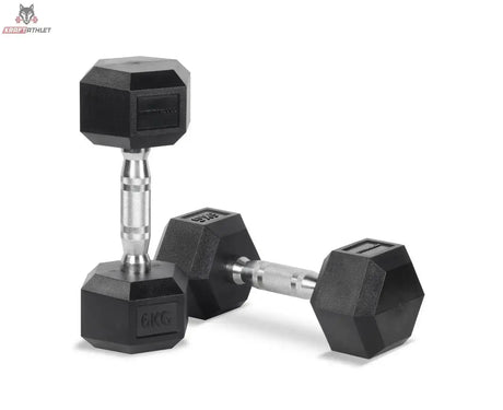 Titanium Strength TH20 Hex-Hantelset 2–20 kg mit Rack als Detail zweier gummierter Hex-Kurzhanteln mit Griff