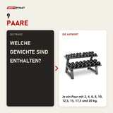 Frage und Antwort zu Titanium Strength TH20 Hex-Hantelset 2–20 kg mit Rack: Welche Gewichte sind enthalten?