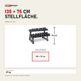 Maßbild Titanium Strength TH20 Hex-Hantelset 2–20 kg mit Rack: Stellfläche 135 × 75 cm, Höhe 76 cm