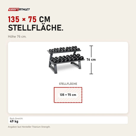 Maßbild Titanium Strength TH20 Hex-Hantelset 2–20 kg mit Rack: Stellfläche 135 × 75 cm, Höhe 76 cm