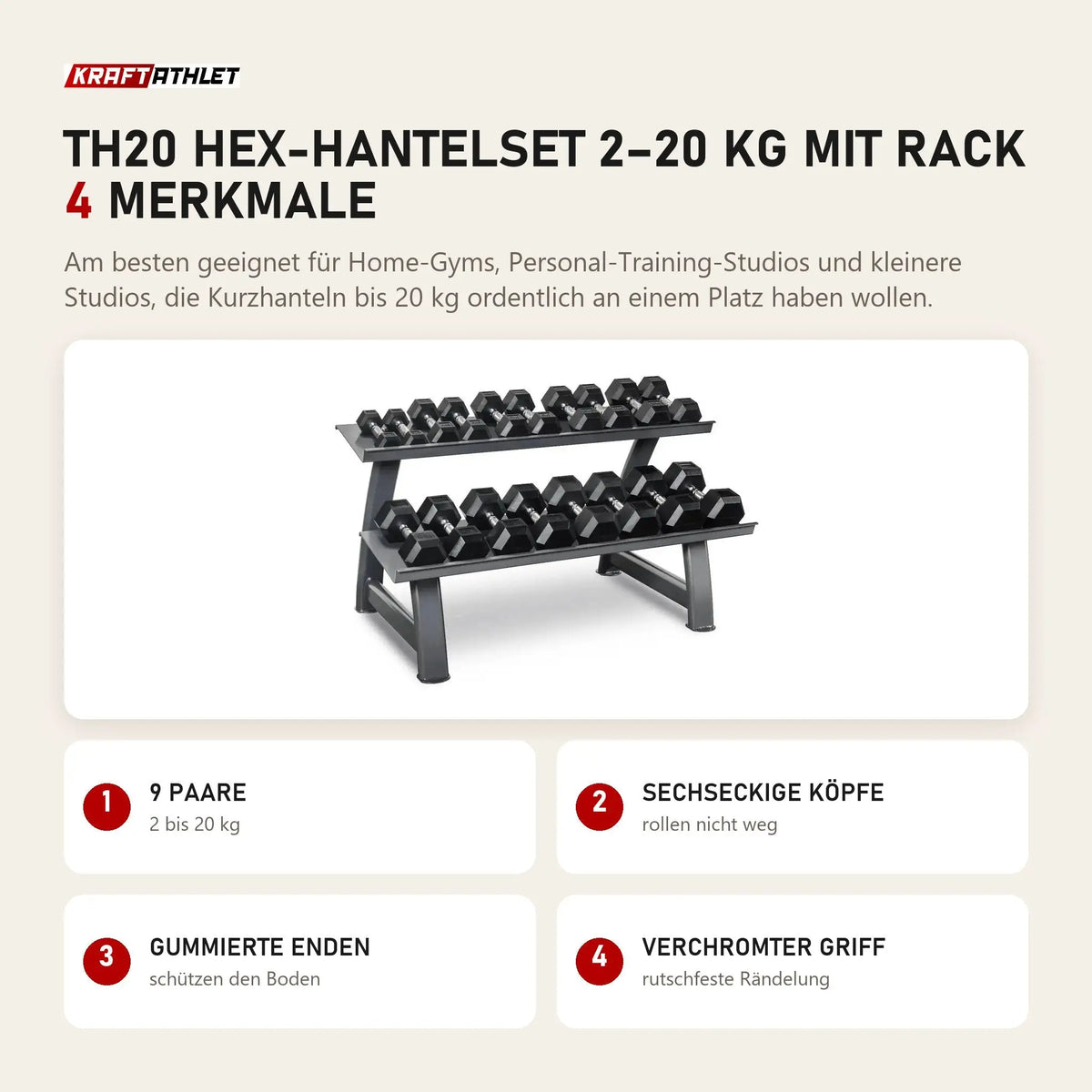 Titanium Strength TH20 Hex-Hantelset 2–20 kg mit Rack mit 4 Merkmalen: 9 Paare, Sechseckige Köpfe, Gummierte Enden, Verchromter Griff