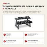 Titanium Strength TH20 Hex-Hantelset 2–20 kg mit Rack mit 4 Merkmalen: 9 Paare, Sechseckige Köpfe, Gummierte Enden, Verchromter Griff