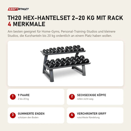 Titanium Strength TH20 Hex-Hantelset 2–20 kg mit Rack mit 4 Merkmalen: 9 Paare, Sechseckige Köpfe, Gummierte Enden, Verchromter Griff