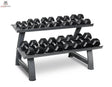 Titanium Strength TH20 Hex-Hantelset 2–20 kg mit Rack in Schrägansicht mit zweistöckigem Rack voller Hex-Kurzhanteln