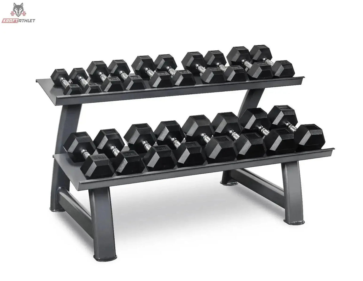 Titanium Strength TH20 Hex-Hantelset 2–20 kg mit Rack in Schrägansicht mit zweistöckigem Rack voller Hex-Kurzhanteln