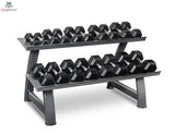 Titanium Strength TH20 Hex-Hantelset 2–20 kg mit Rack in Schrägansicht mit zweistöckigem Rack voller Hex-Kurzhanteln