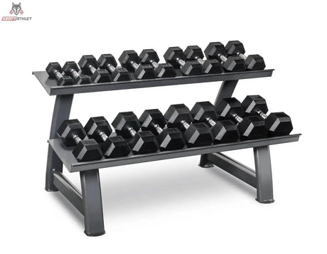 Titanium Strength TH20 Hex-Hantelset 2–20 kg mit Rack in Schrägansicht mit zweistöckigem Rack voller Hex-Kurzhanteln