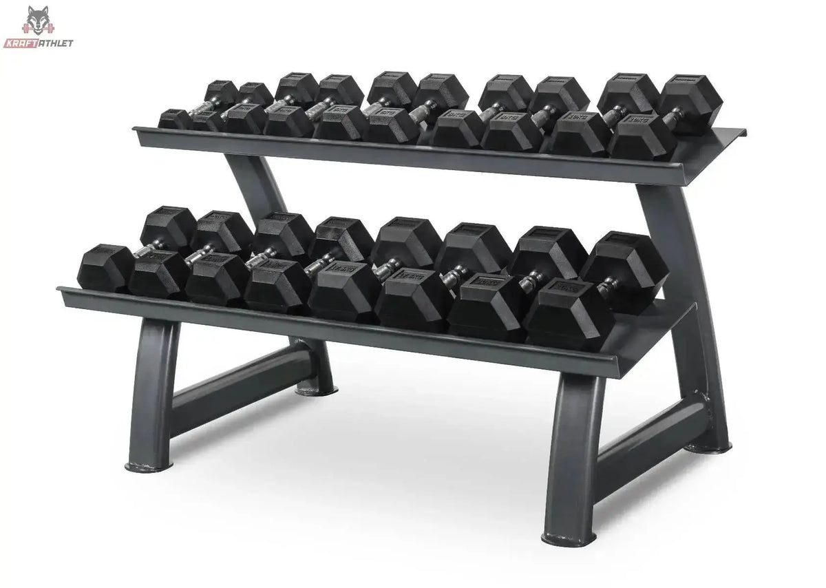Titanium Strength TH20 Hex-Hantelset 2–20 kg mit Rack in der Seitenansicht mit Hanteln auf beiden Ablagen