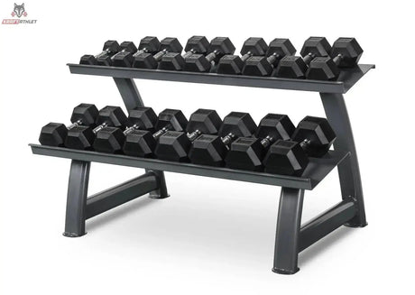 Titanium Strength TH20 Hex-Hantelset 2–20 kg mit Rack in der Seitenansicht mit Hanteln auf beiden Ablagen